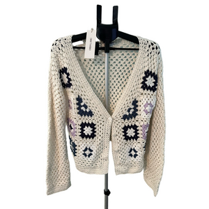 NWT DRIFTWOOD CREAM CROCHET KNIT LONG SLEEVE CARDIGAN WITH FLORAL DETAILS